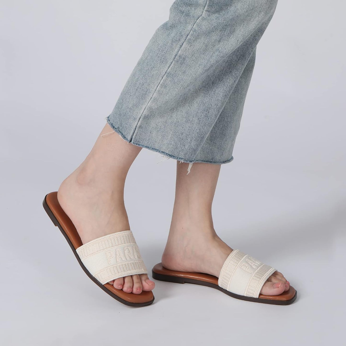 Women'S Flat Sandals Summer Beach Slide Sandals | Textile/Raffia/Pu, TPR Outsole, Square Open Toe, Easy Slip On, Cushioned Comfort, Casual Outings, Vacations, Womens Summer