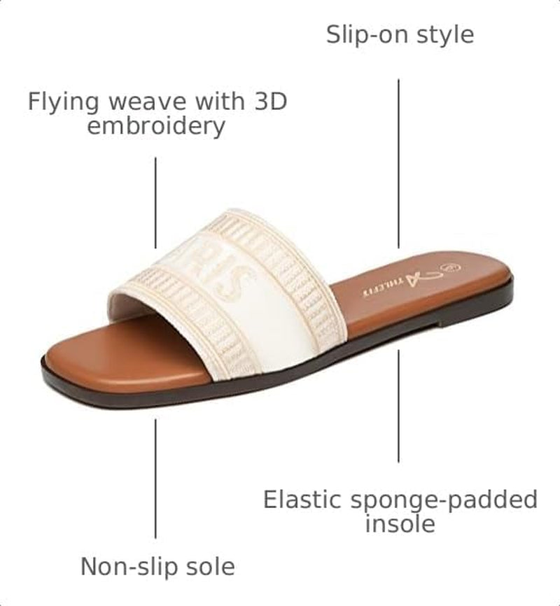 Women'S Flat Sandals Summer Beach Slide Sandals | Textile/Raffia/Pu, TPR Outsole, Square Open Toe, Easy Slip On, Cushioned Comfort, Casual Outings, Vacations, Womens Summer