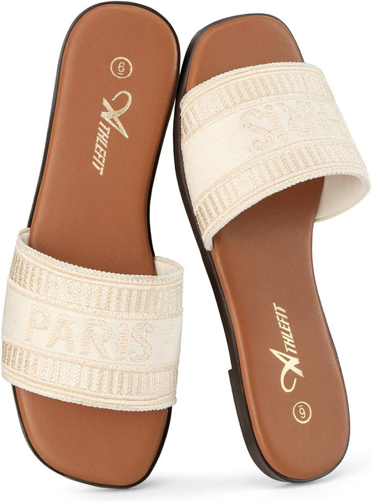 Women'S Flat Sandals Summer Beach Slide Sandals | Textile/Raffia/Pu, TPR Outsole, Square Open Toe, Easy Slip On, Cushioned Comfort, Casual Outings, Vacations, Womens Summer