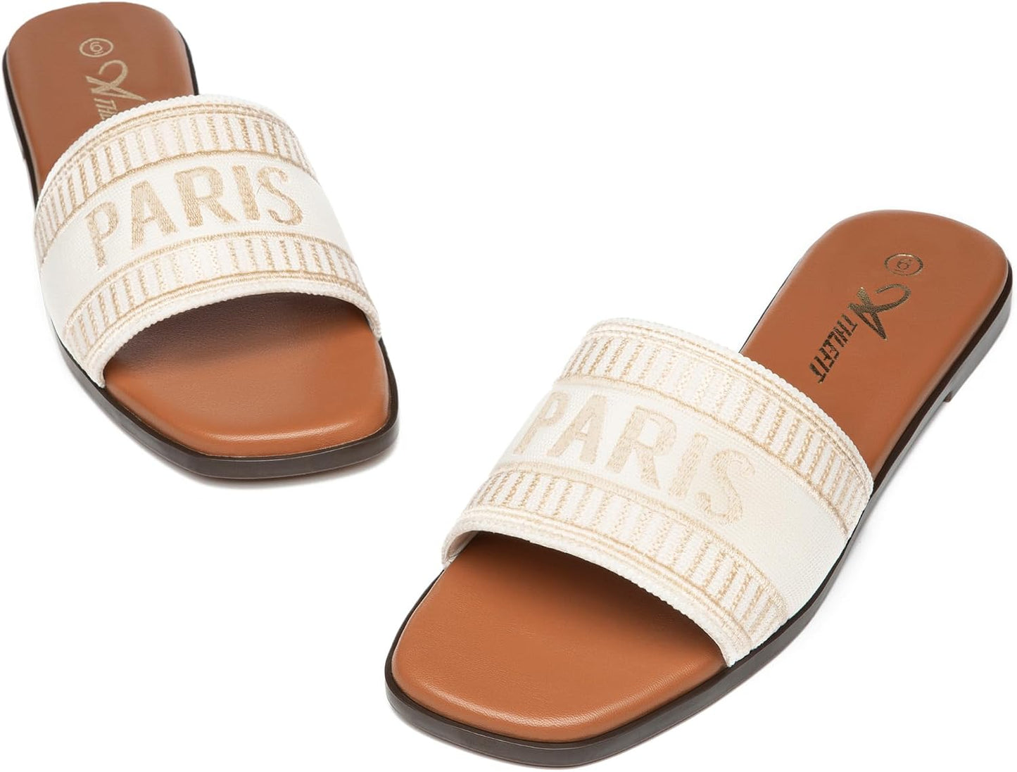 Women'S Flat Sandals Summer Beach Slide Sandals | Textile/Raffia/Pu, TPR Outsole, Square Open Toe, Easy Slip On, Cushioned Comfort, Casual Outings, Vacations, Womens Summer
