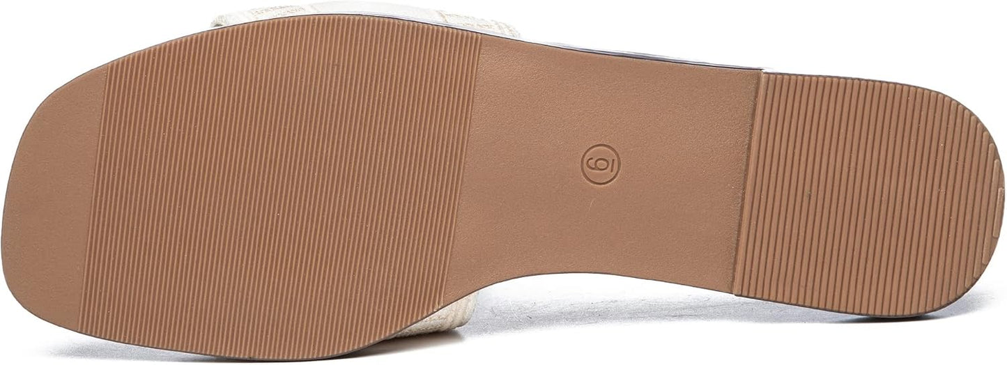 Women'S Flat Sandals Summer Beach Slide Sandals | Textile/Raffia/Pu, TPR Outsole, Square Open Toe, Easy Slip On, Cushioned Comfort, Casual Outings, Vacations, Womens Summer