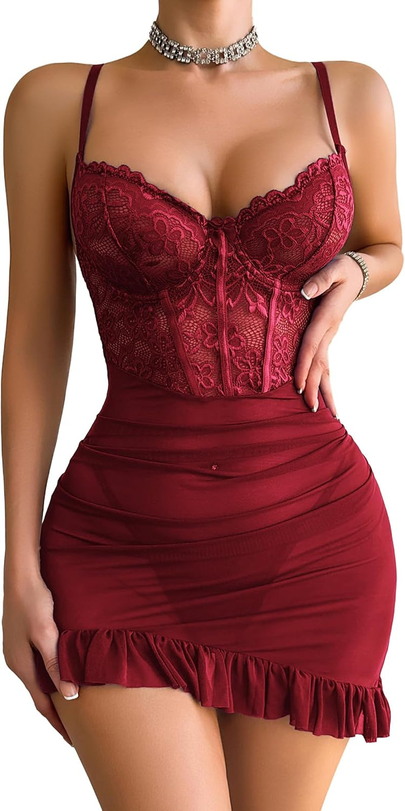 Sexy Lingerie Lace Bodycon Dress Babydoll Lingerie Set with Thong | Underwire Mesh Floral Outfits,Lace Adjustable Straps Chemise Nightgown Dress,Lace Ruffle Hem Sleepwear Set,Xs-2Xl