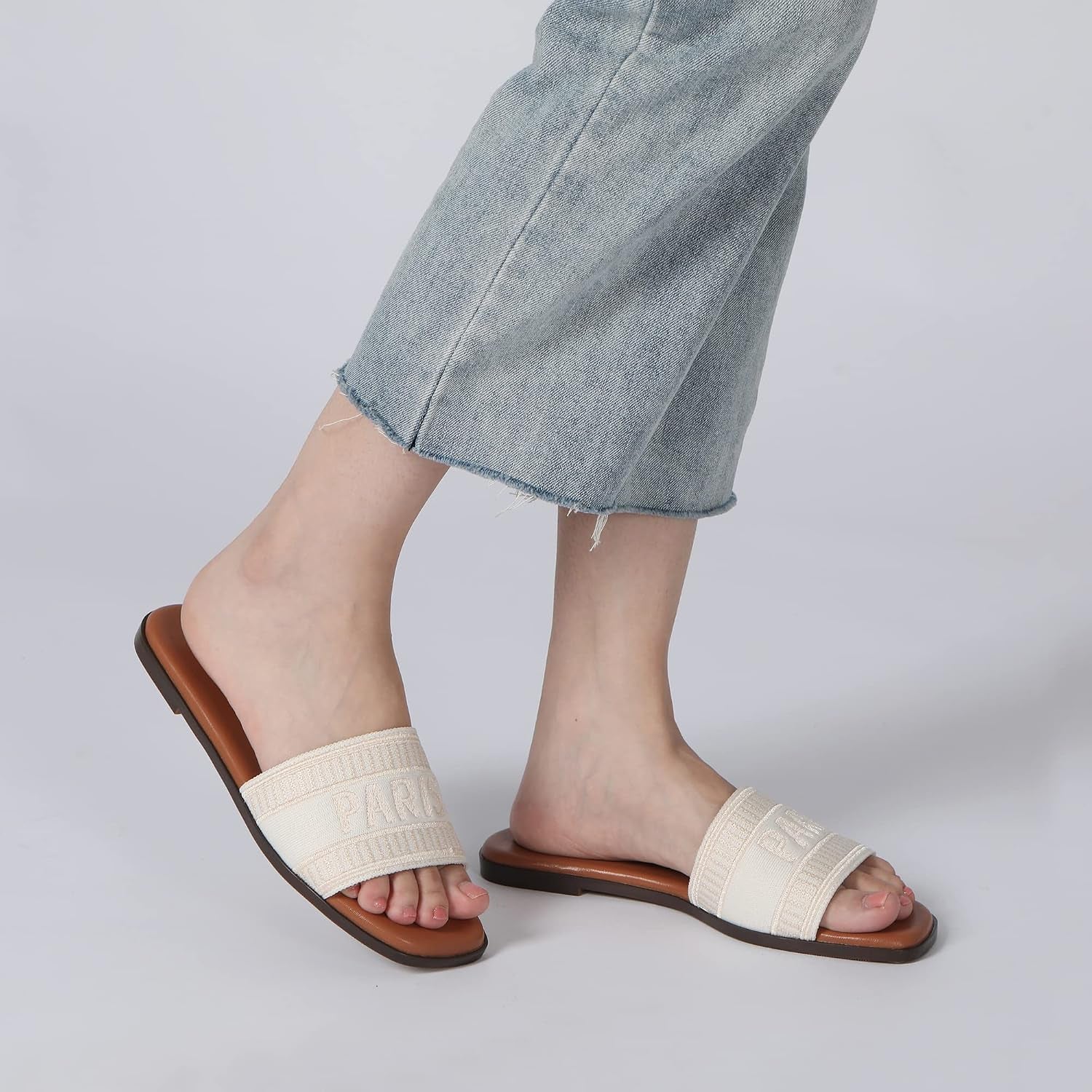 Women'S Flat Sandals Summer Beach Slide Sandals | Textile/Raffia/Pu, TPR Outsole, Square Open Toe, Easy Slip On, Cushioned Comfort, Casual Outings, Vacations, Womens Summer